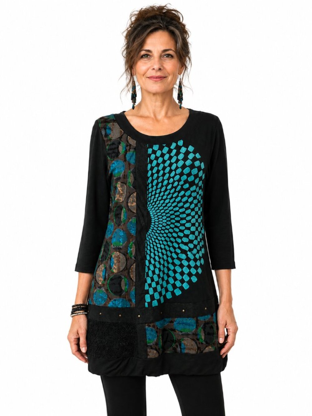Dolcezza Womens Tunic Top Artsy Mixed Fabric Felt Studs Velvet 3/4 Sleeve Size S